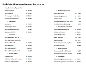 Preisliste Uhren Reparatur